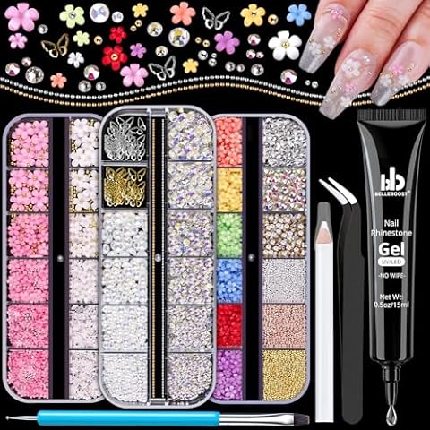 3D Nail Charms, Manicure Kit with Nail Rhinestone Glue Gel (UV Curing), Butterfly Colorful Flower Starry AB Gems Caviar Beads Half Round Pearl & Flatback Glass AB + Clear Crystal with Dotting Tools Cover