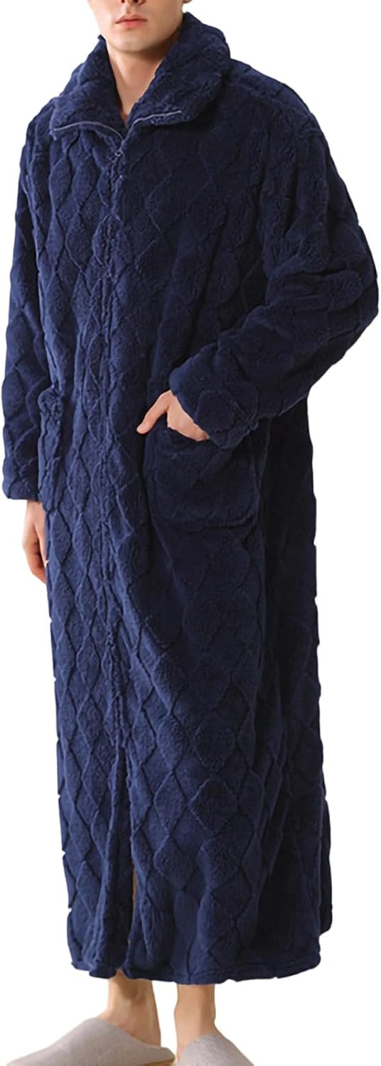 Mens Loose Plush Fleece Robe, Cozy Warm Bathrobe Fuzzy Male Spa Long Robes With Pockets Warm And Soft Nightgown