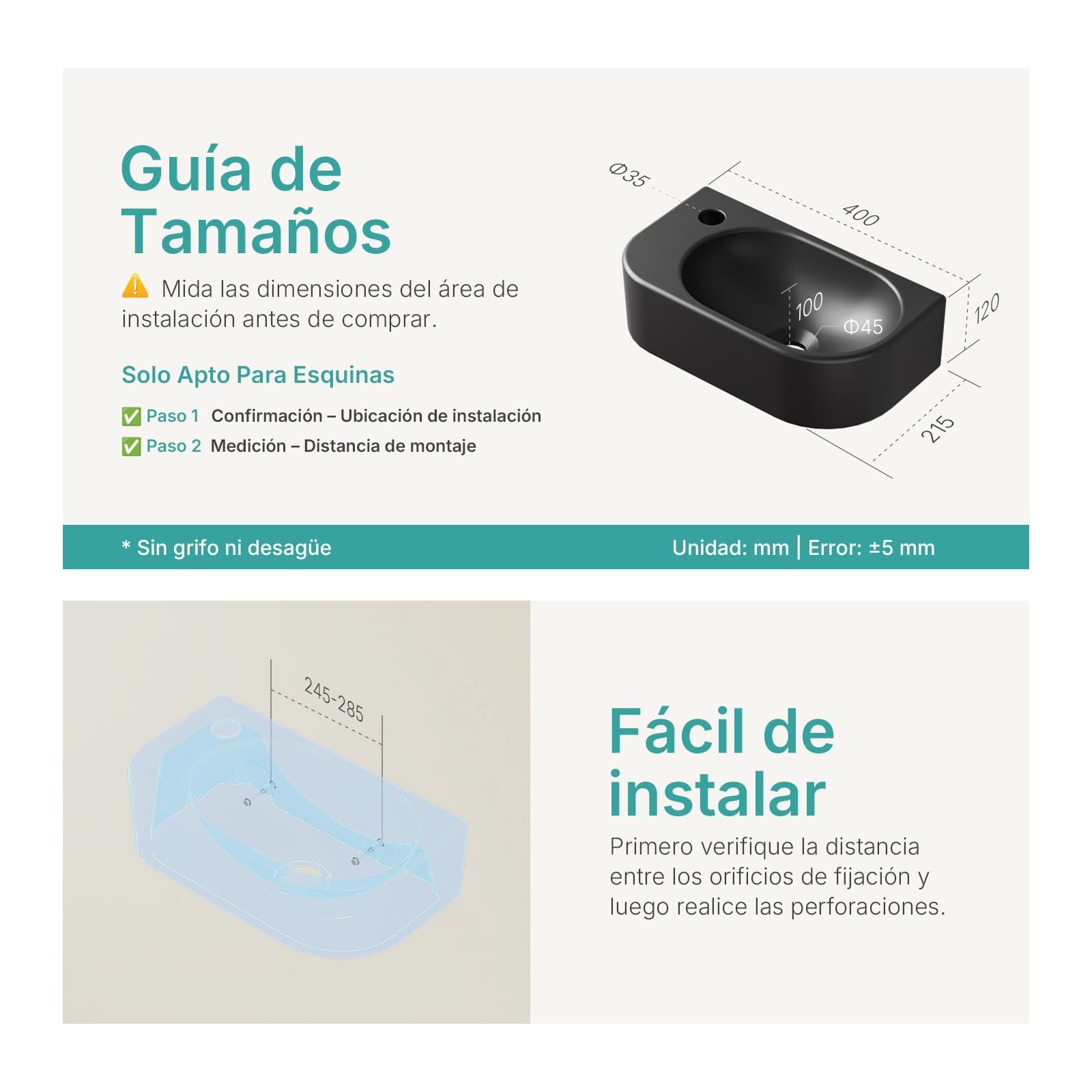 EMKE Lavabo de Cerámica 400 x 215 x 120 mm, negro mate,grifo a la izquierda | Lavamanos para montar, lavabo suspendido para fijar en la pared para WC de invitados y baño, pequeño