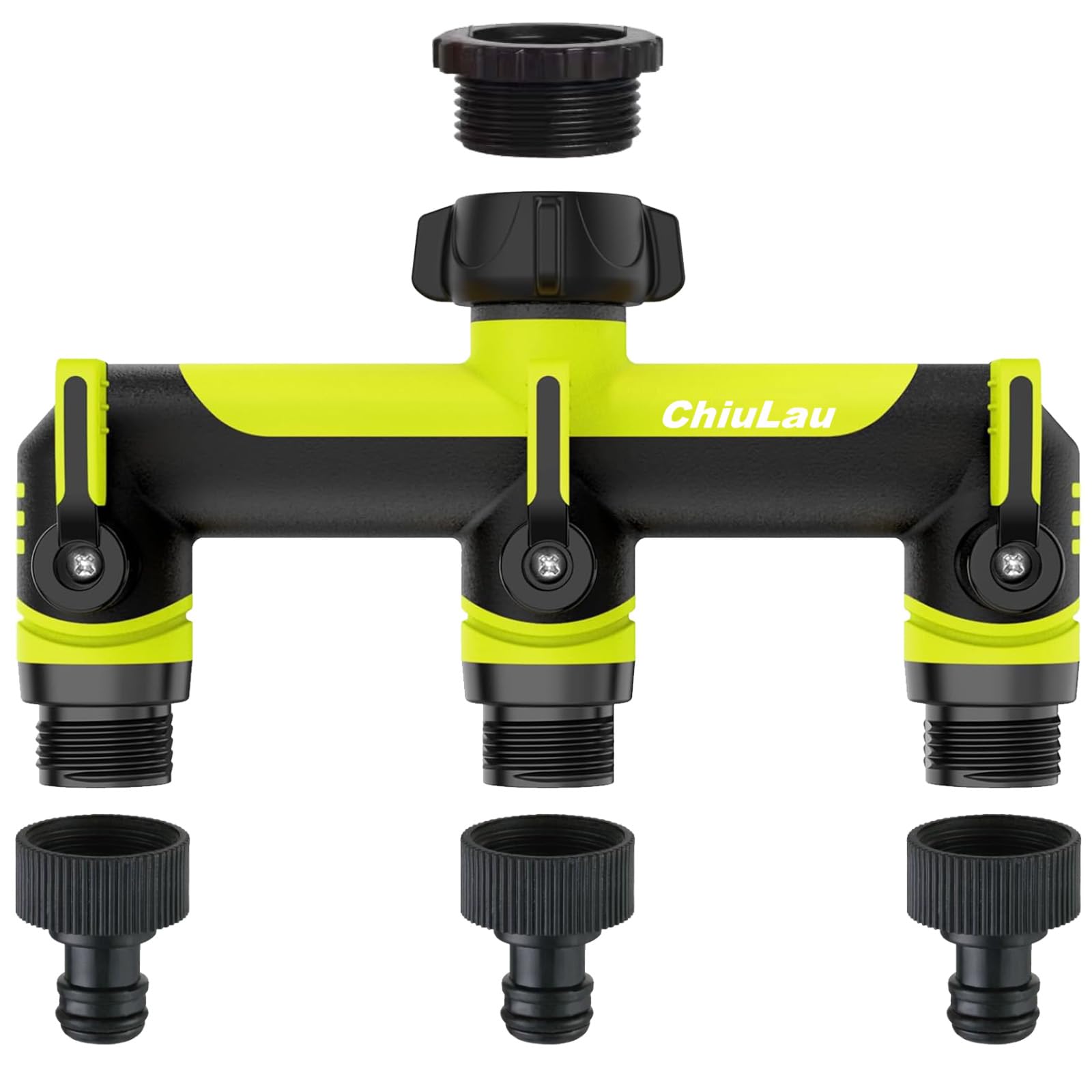 ChiuLau 3 Way Garden Hose Splitter, 3/4" Outdoor Faucet Splitter and Tap Connector, Garden Tap Adapter Hose Connector, Extended Handle Individual On/Off, for Outdoor Gardening(Green)