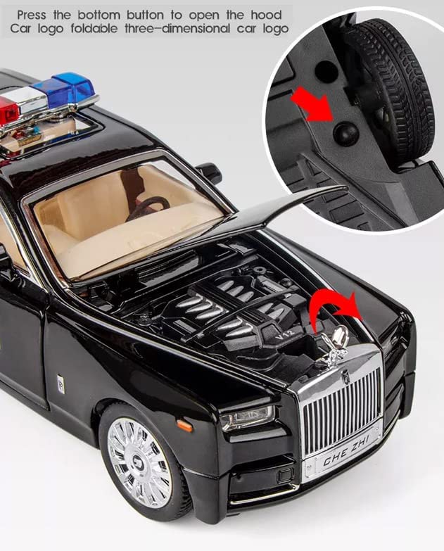 Image of 1 /24 Diecast Car Model Rolls-Royce Phantom Police Toy Car, Alloy Collectible Phantom Replica Pull Back Model Car Vehicles with Sound and Light (Black)