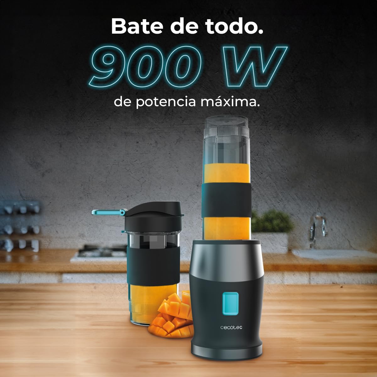 Cecotec Batidora de Vaso Individual Power Titanium 900 ProGo Hand Juice. 900W, 4 Cuchillas Titanio, Pica Hielo, Botella Sport 570ml, Agarre Ergonomico, Tapón Plegable, Asa de Silicona