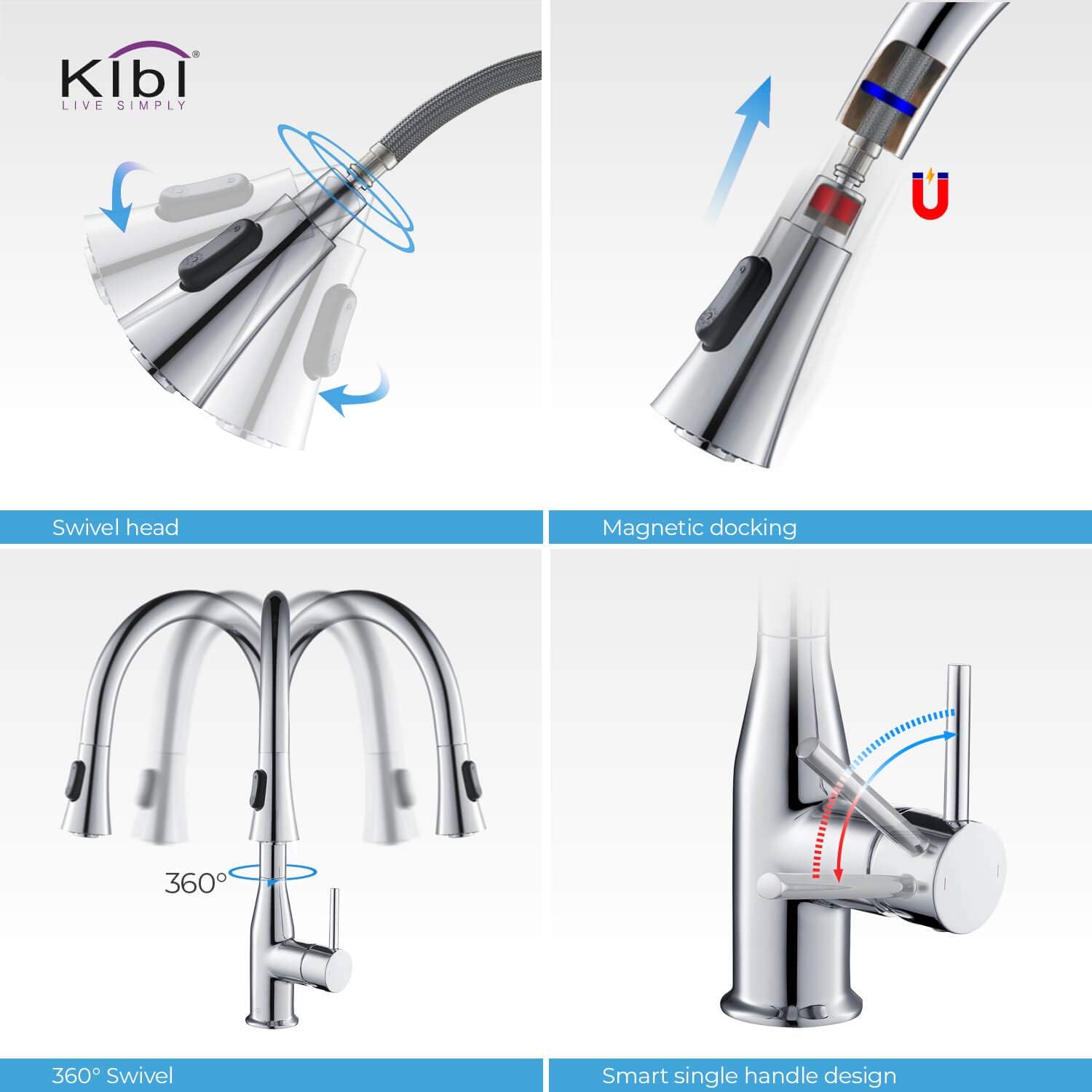 KIBI Napa Single Handle Pull Down Kitchen Faucet | Solid Brass High Arc Spout with 360° Swivel | Durable Kitchen Sink Faucet with Pull Down Sprayer for Easy Cleaning, Chrome Finish, KKF2005