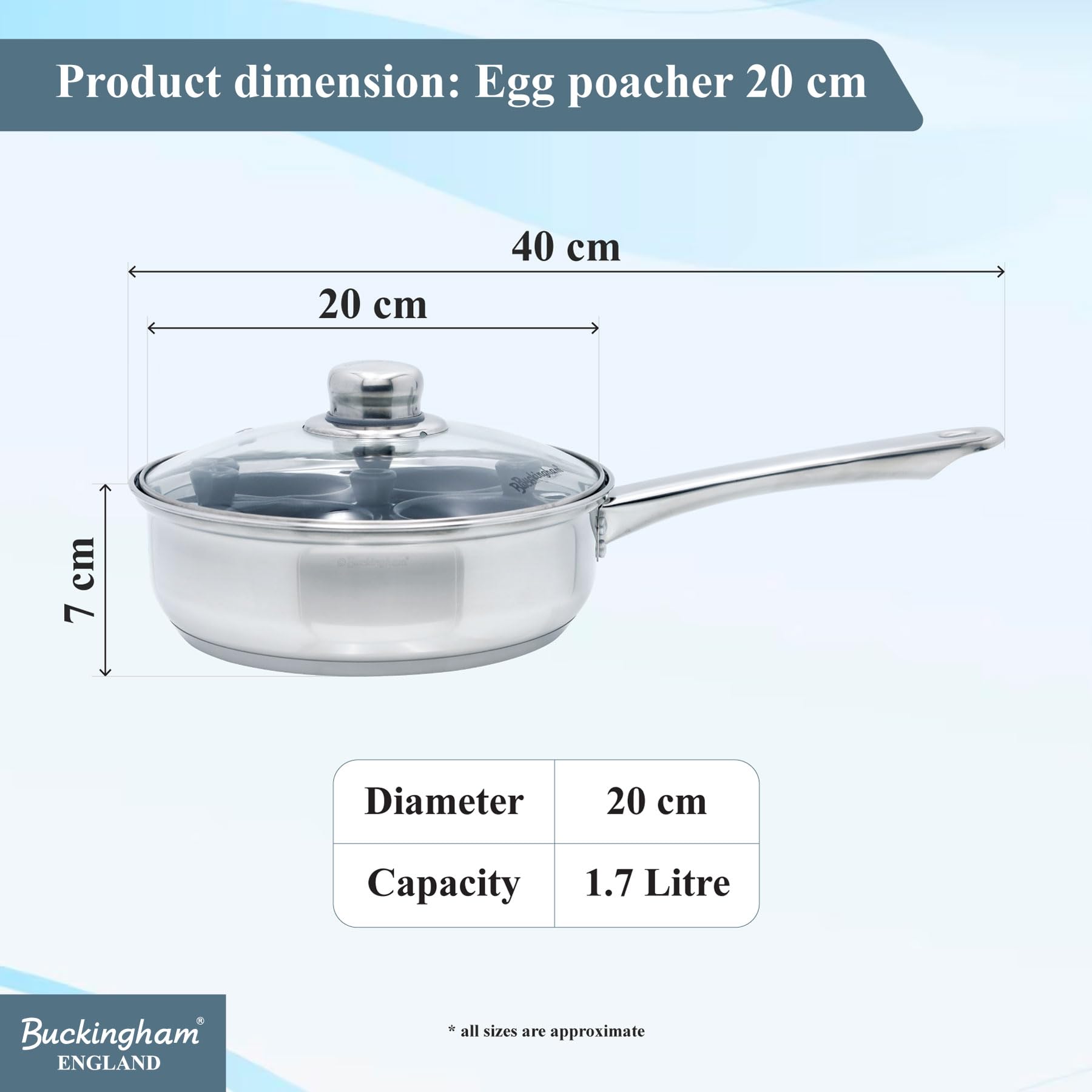 Buckingham - Cazo para escalfar 4 Huevos (20 cm de diámetro, con 4 Soportes antiadherentes y extraíbles para Huevos), Color Plateado
