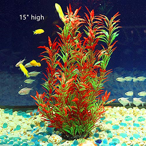 Donau Large Aquarium Plants Plastic Red Fish Tank Plants Artificial Aquarium Decor 15" High #TOP2