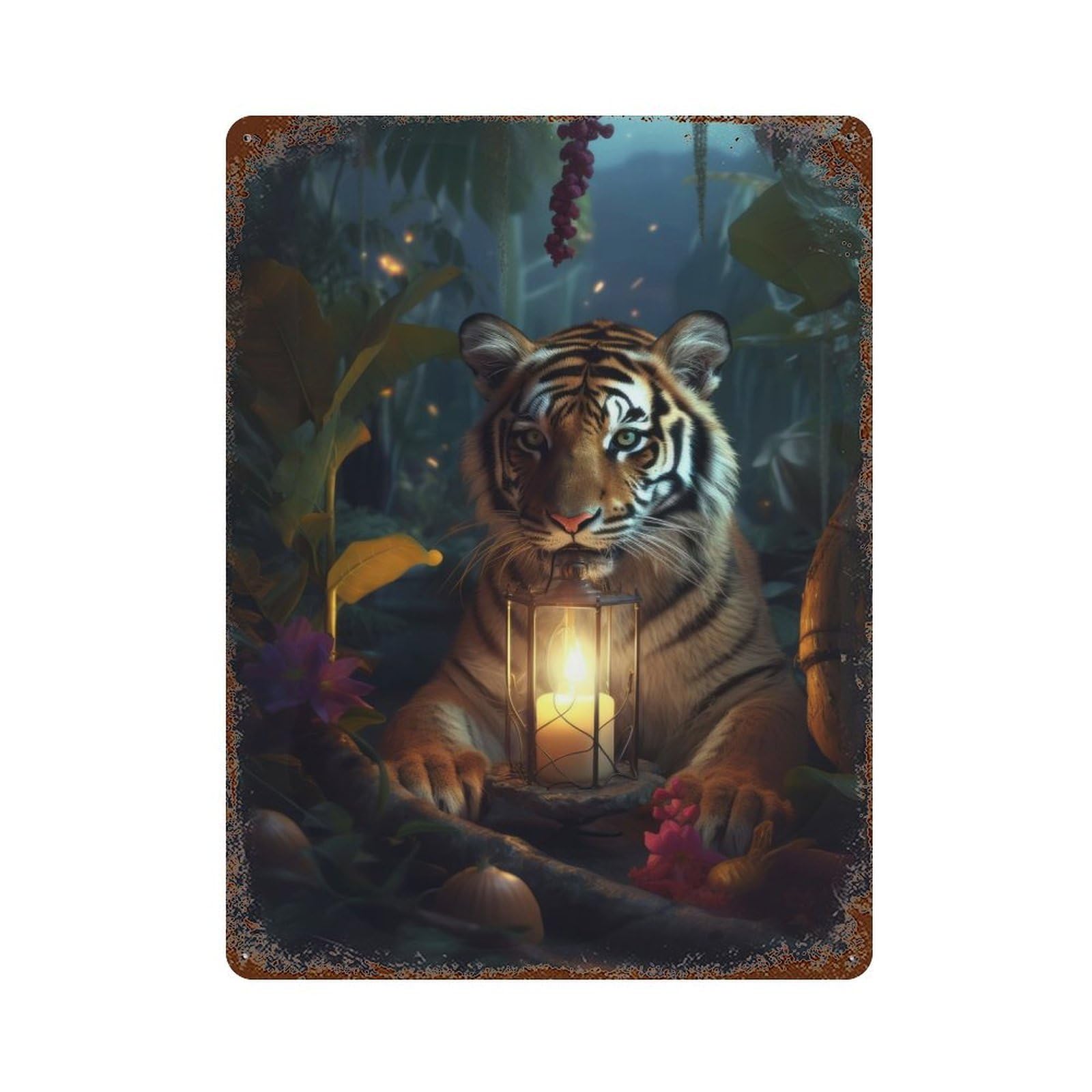 Tiger Cub Magical Lamp Weathered Tin Sign 15.7"x11.8", Classic Wall Plaque for Patio, Garden Room And Bar Decor