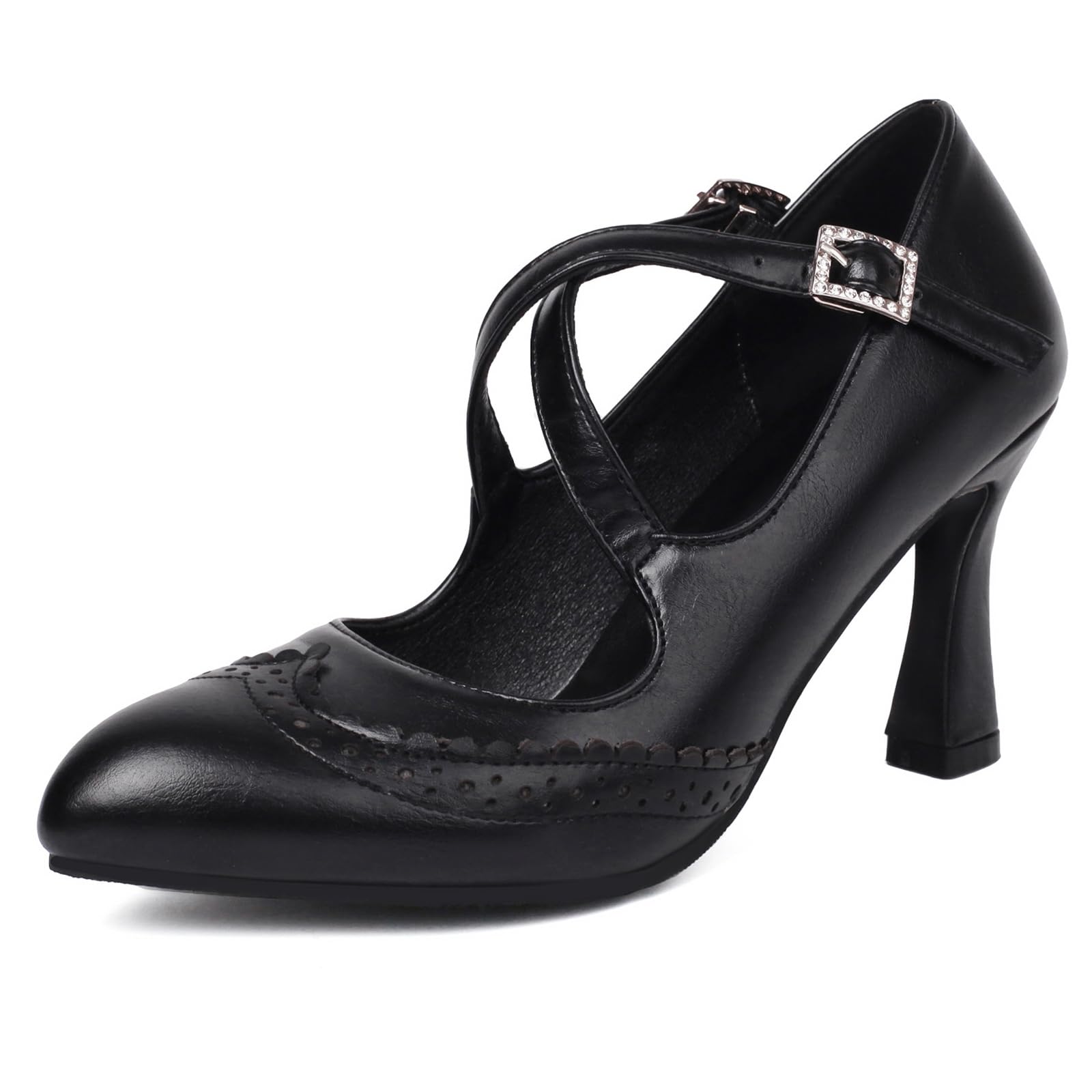 Stiletto Brogue Mary Jane czółenka damskie ze szpiczastymi palcami, paski krzyżowe, wysokie obcasy, do biura, pracy, profesjonalne buty wieczorowe