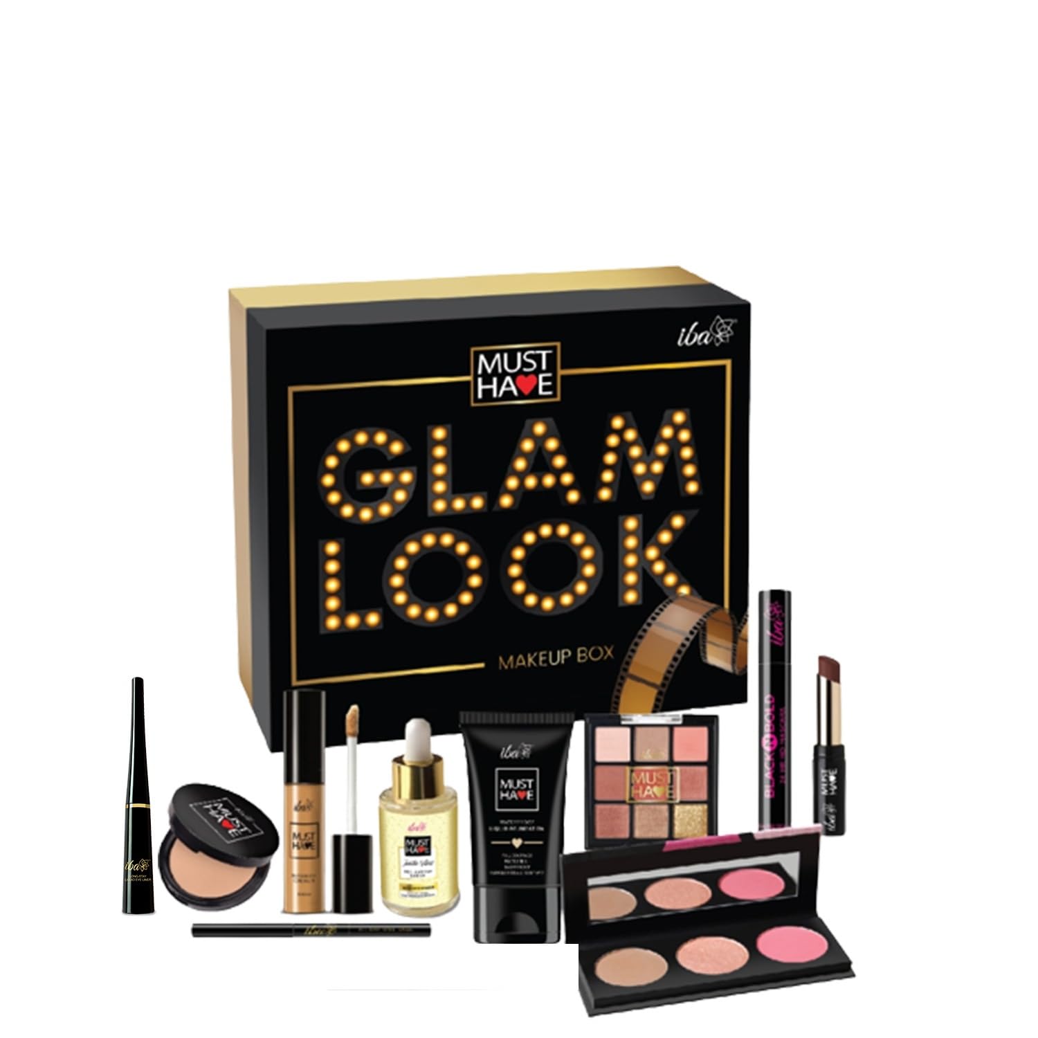 Iba Must Have Glam Look Makeup Box Dusky for Women | Pre Makeup Serum | Waterproof Foundation | Matte Compact | Concealer | Transfer Proof Lipstick | 3 in 1 Face Palette with Blush Highlighter Contour | 9 in 1 Eyeshadow Palette | Smudge Proof Kajal | Eyeliner| Mascara | Long Lasting & Waterproof Face Makeup | Makeup Kit for Women