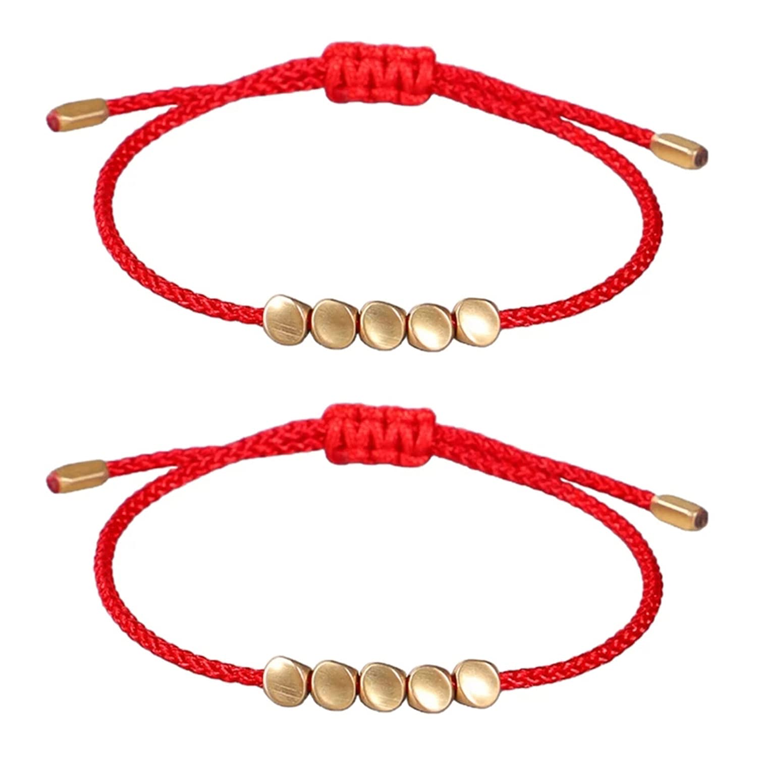MENGLINA Women Men Handmade 5 Irregular Brass Copper Beads Tibetan Bracelet Chinese Feng Shui Lucky Red String Adjustable Rope Chain Couple Bracelets Distance Friendship Lovers Promise Gifts