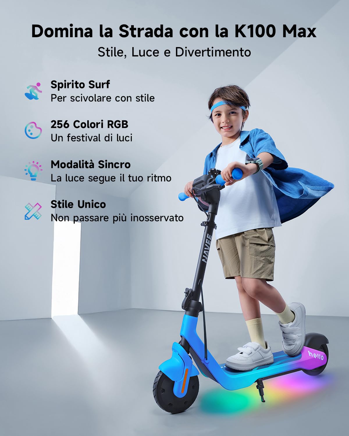 NAVEE K100 Serie Monopattino Elettrico Bambini, Controllo Parentale via APP, Autonomia 14-24 km, Velocità 16 km/h, Luci Ambientali, Pneumatici 7", 3 Altezze Regolabili, 6-14 Anni