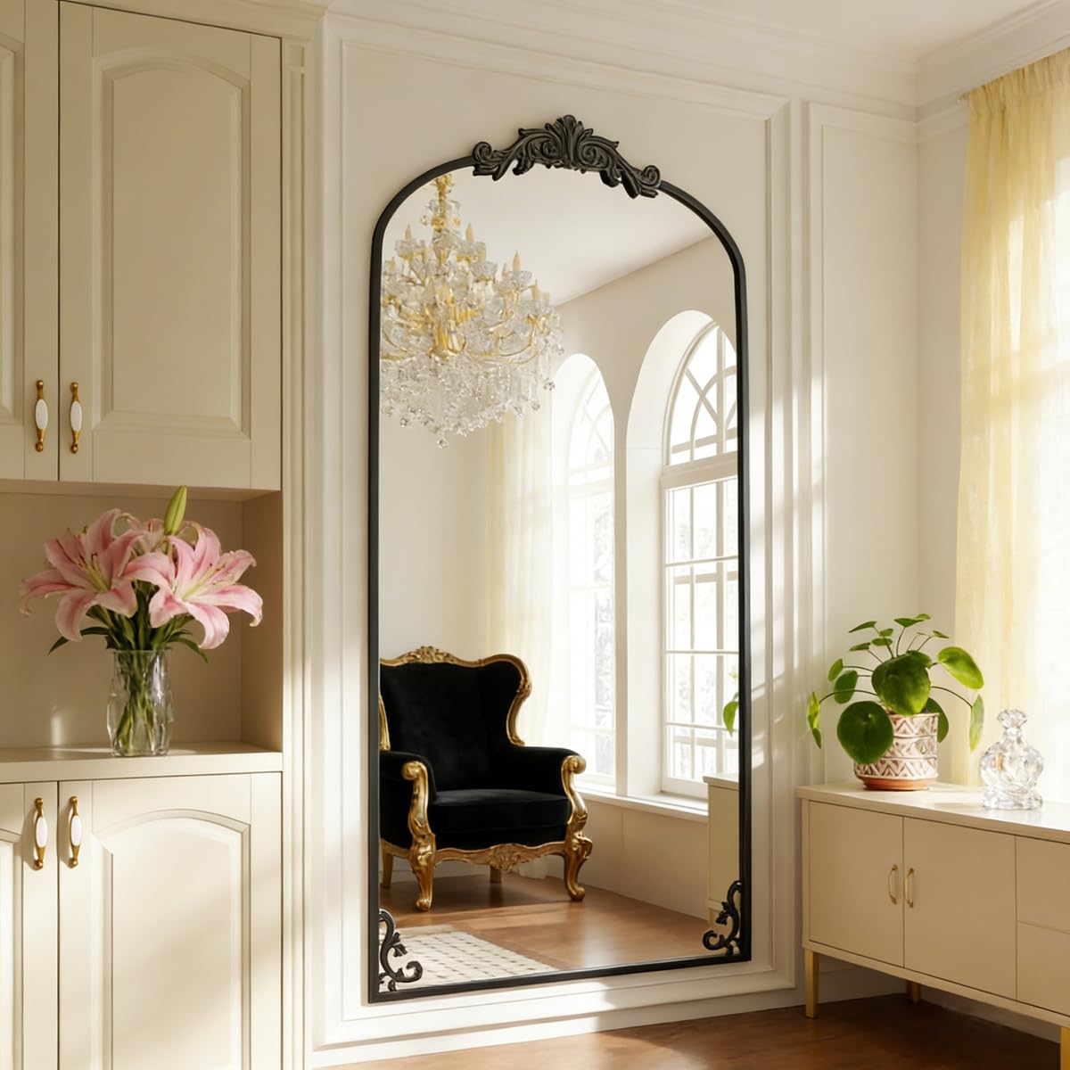 M&Catree Miroir Vintage Arc Pleine Longueur Mural Arqué Noir 179x69cm