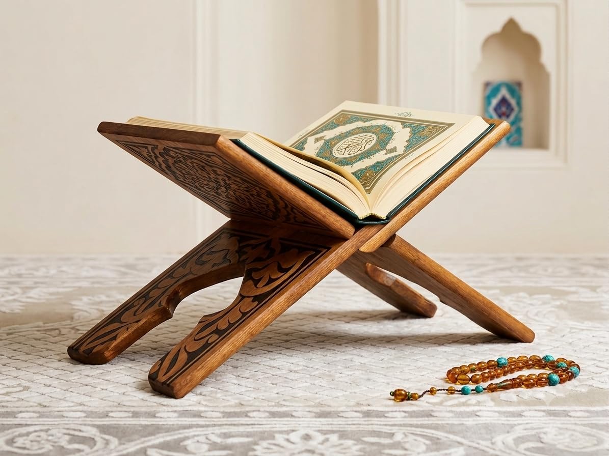 Elar Wooden Ahşap Rahle - Selçuklu Motifli Oyma Kitap ve Kur'an-ı Kerim Standı, Katlanabilir (45 cm uzunluk, 18 cm genişlik) – Kuran-ı Kerim ve Büyük Boy Kitap Tutucu (45 cm)