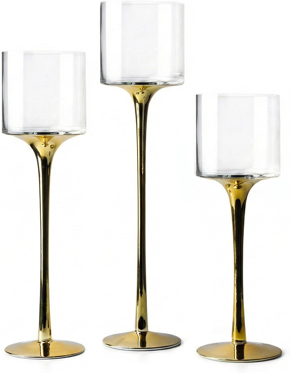 Royal Imports Glass Candleholder Flower Vase, Floating & Pillar Candle Centerpiece Display, Decorative Hurricane on Pedestal for Home or Wedding Set of 3, Gold