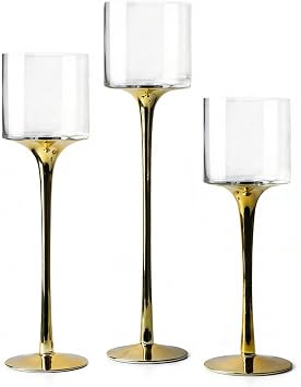 Royal Imports Glass Candleholder Flower Vase, Floating & Pillar Candle Centerpiece Display, Decorative Hurricane on Pedestal for Home or Wedding Set of 3, Gold