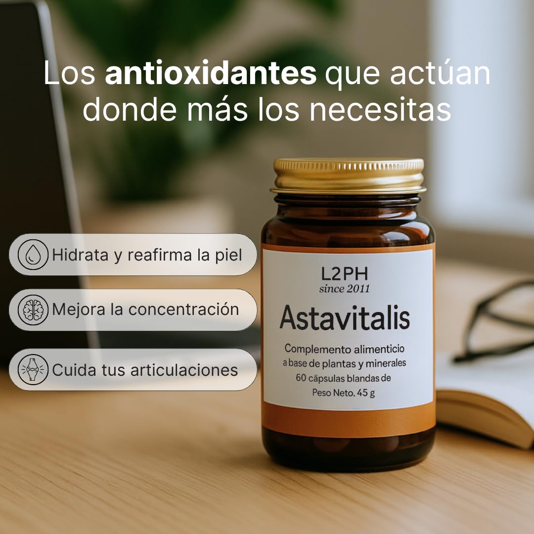 ASTAVITALIS – Complemento Alimenticio Antioxidante Celular para mejorar Piel, Articulaciones y Memoria (60 Cápsulas) Complemento Nutricional Con Astaxantina, Glutatión y Té Verde