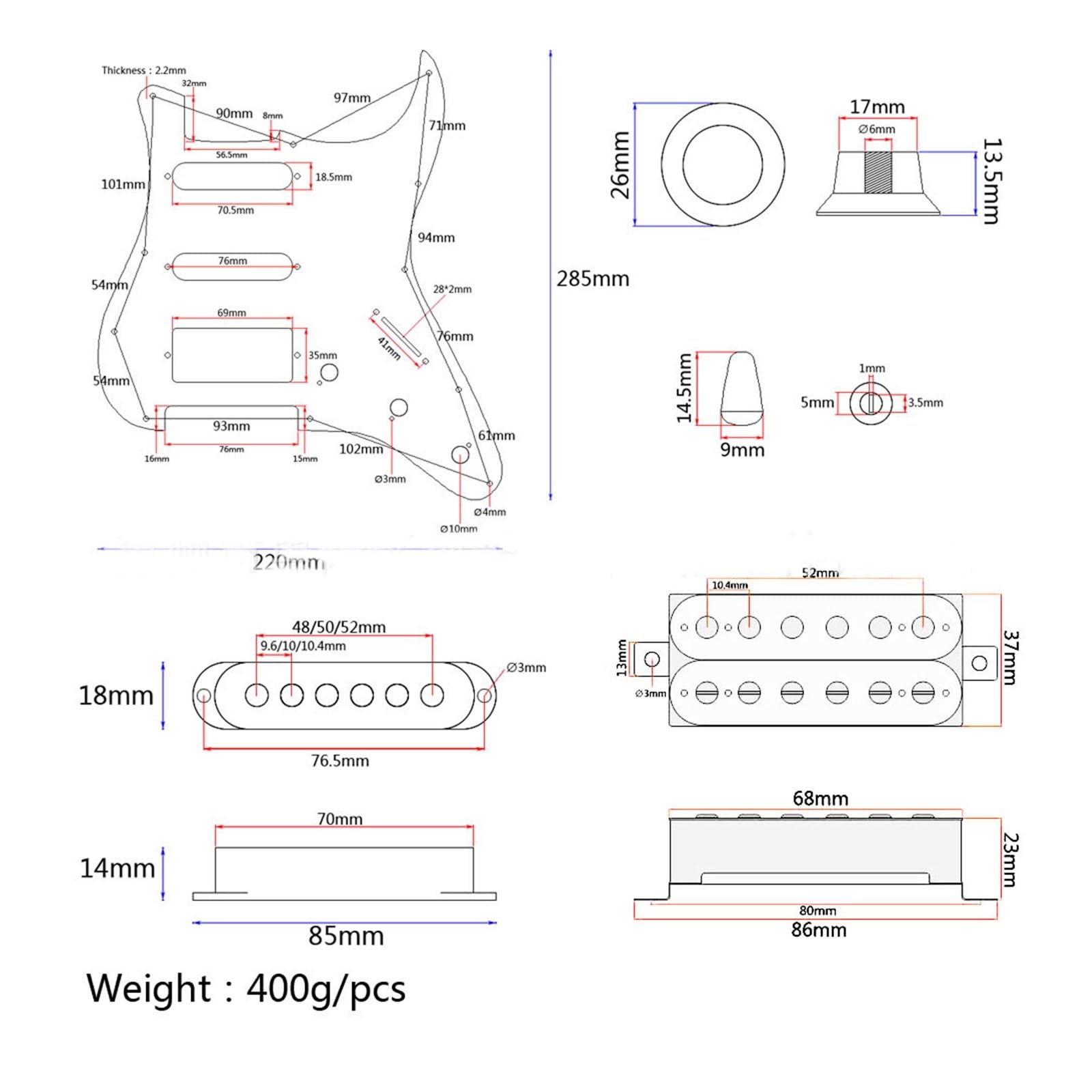 Protección de Carga precableada Accesorios para Instrumentos Musicales Guitarra SSH White Pickup Set