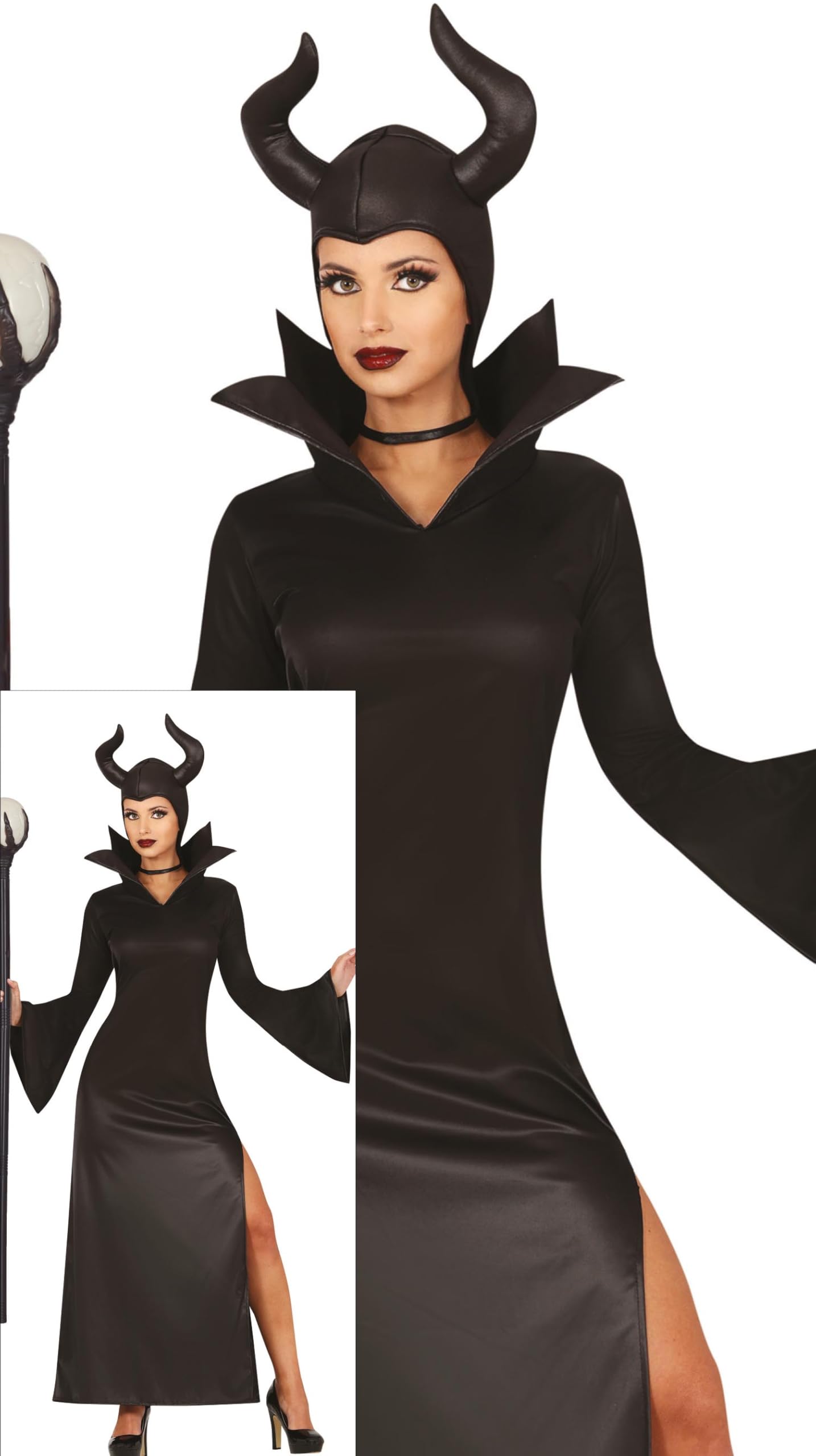 FIESTAS GUIRCA Malevolent Fairy Women Fancy Dress Costume - Evil Fairy Hat with Horns and Sexy Black Witch Dress with Leg Slit - Halloween Costumes for Women Size L