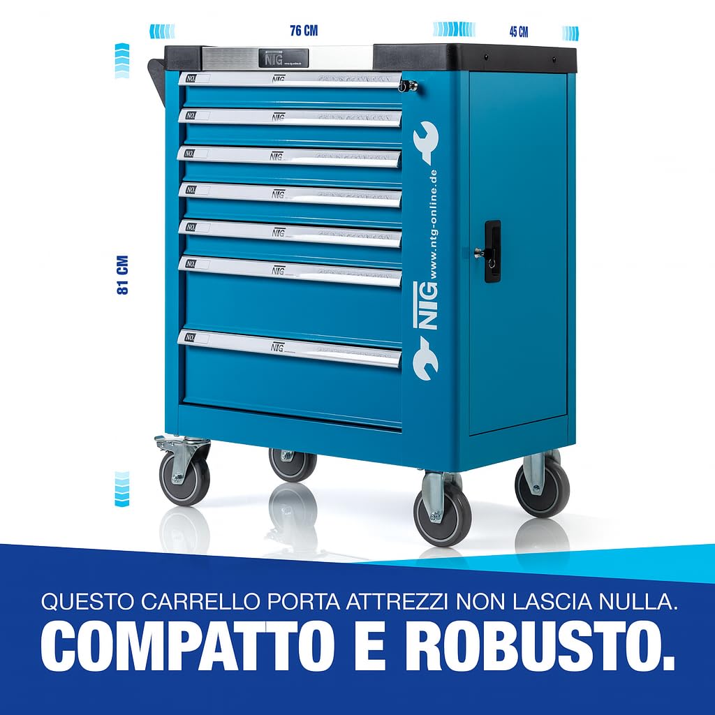 NTG carrello portautensili + utensili + 7 cassetti | 247 pezzi | chiudibile a chiave | 6 dei quali con utensili | con intarsi morbidi in carbon look | cassetti pieni | carrello portautensili