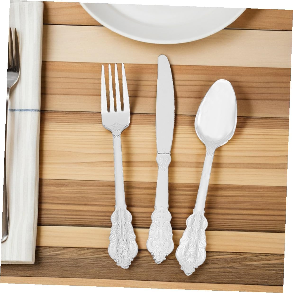 Alipis Disposable Cutlery Set 24pcs Gold Floral Pattern Silver Plastic Knives Forks Spoons for Party Wedding Picnic Tableware Supplies