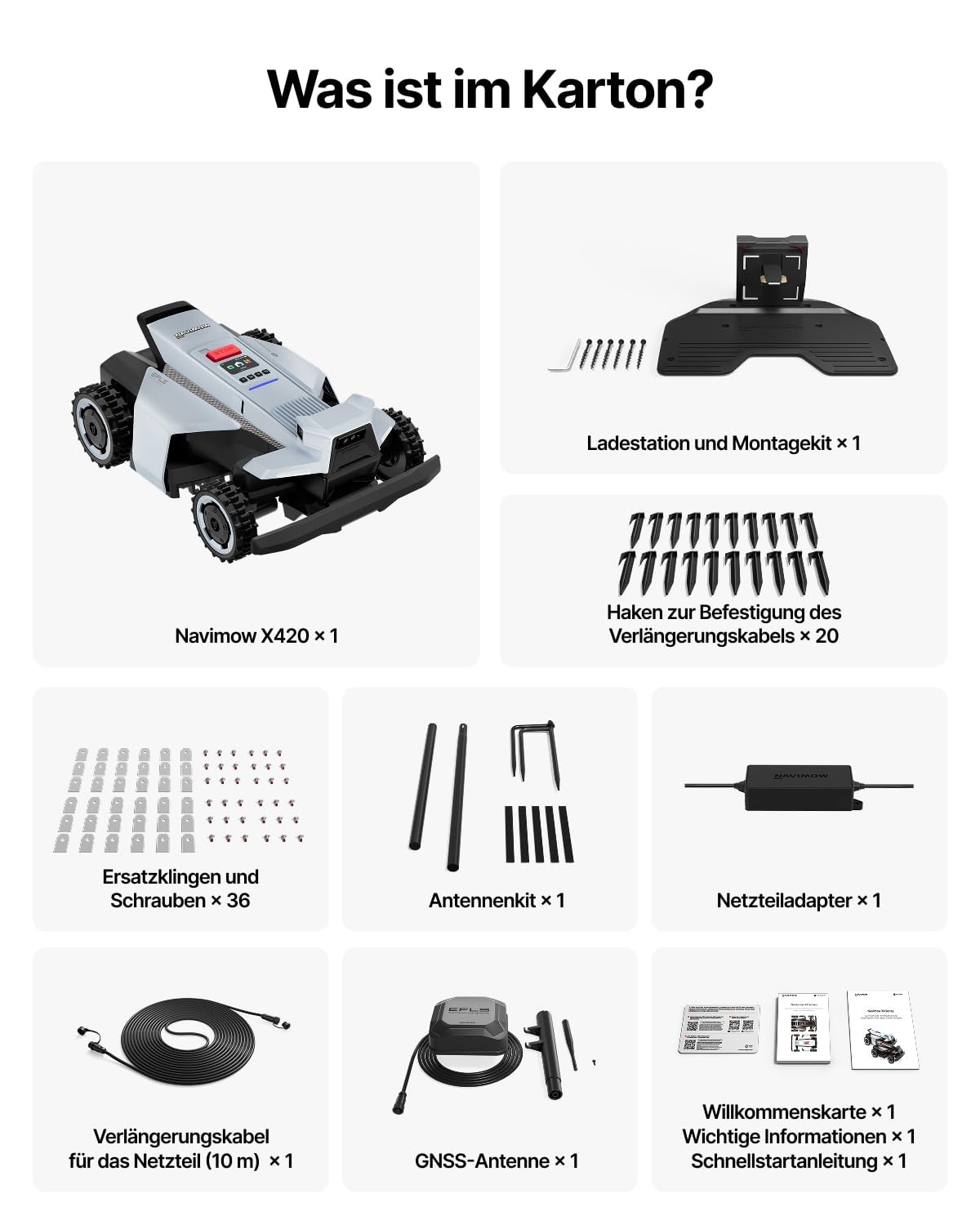 Segway Navimow X420 Mähroboter ohne Begrenzungskabel mit Garage X (separater Versand) für 2000 ㎡, Zero-Turn AWD für 84% Steigungen, NRTK+360° Vision+VIO, Keine RTK-Basisstation, 25-95 mm Schnitthöhe