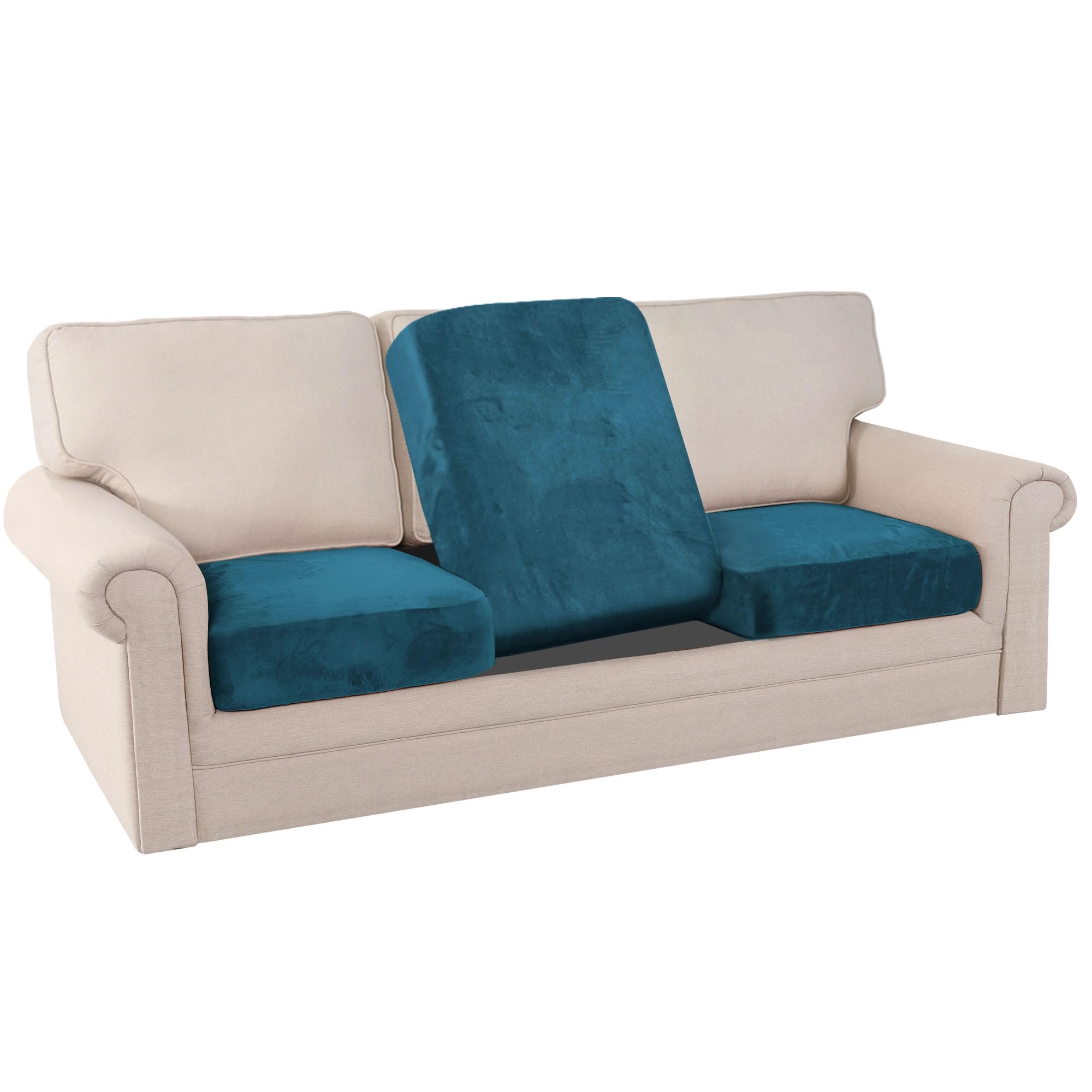 PrinceDeco Stretch Sofa Cushion Covers for Couches and Sofas,Soft Velvet Couch Seat Covers, Sofa Covers Washable, Seat Cushion Cover for 3 Couch Sofa Pet Friendly - Deep Teal, Each Width Up to 29.5"