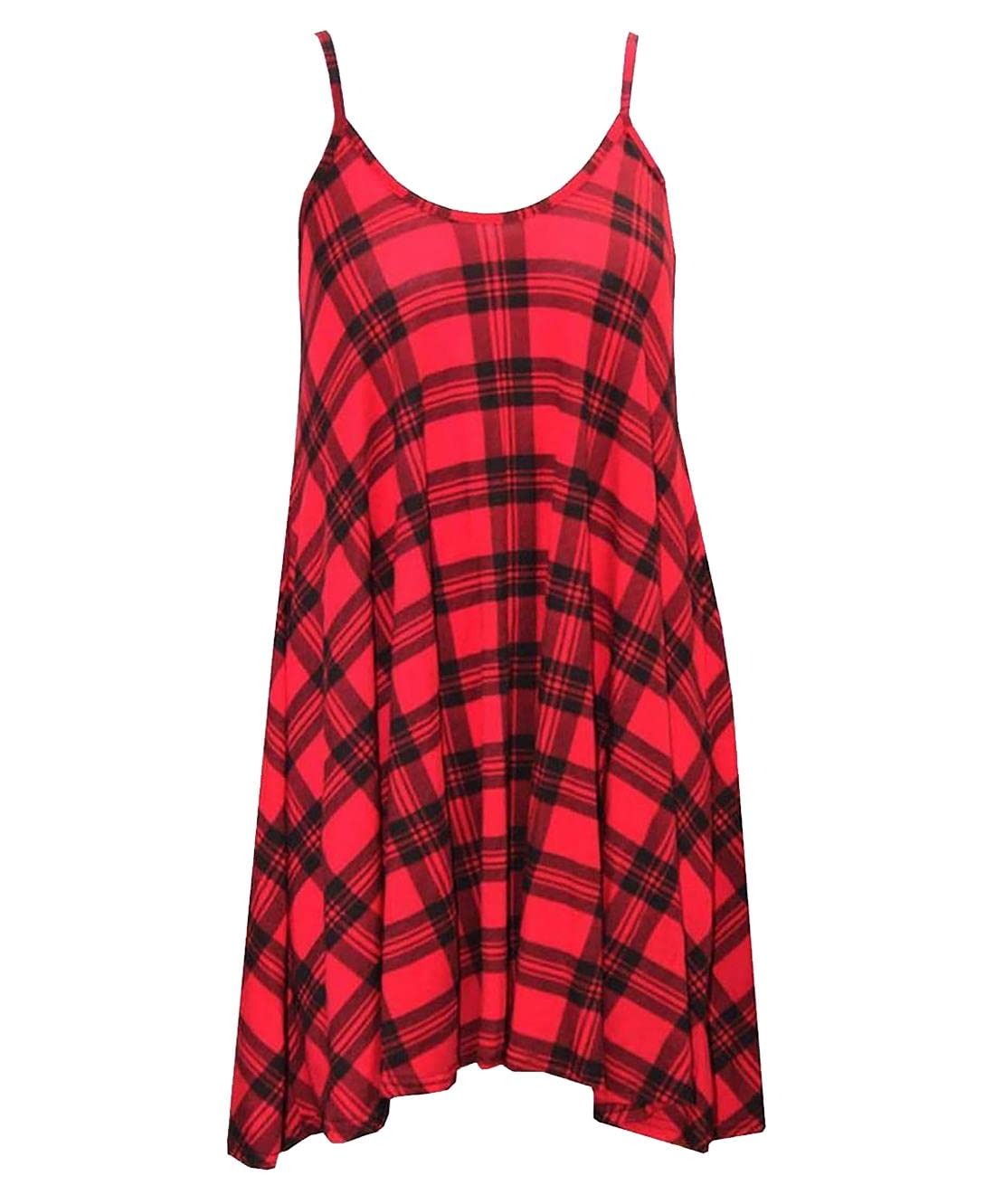 Riddled With Style Women's Red Tartan Print. Sleeveless Cami Swing Dress Plain Top Strappy Cami Swing Dress Printed Cami Shirt Casual Wear Top Spaghetti Neck Fancy Party Flared Swing Dress