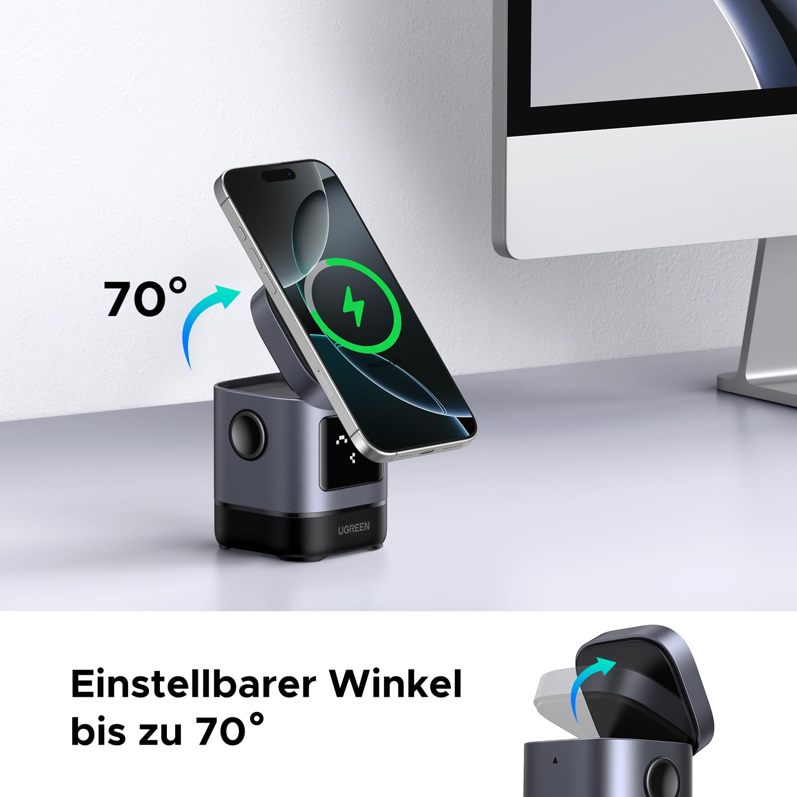 UGREEN UNO 2 in 1 Qi2 zertifizierte Ladestation, 15W iPhone Ladestation kompatibel mit MagSafe, magnetisches Wireless Charger für iPhone 17/16/15/14/13, AirPods 2/3, Winkel-Einstellbarer Ladeständer