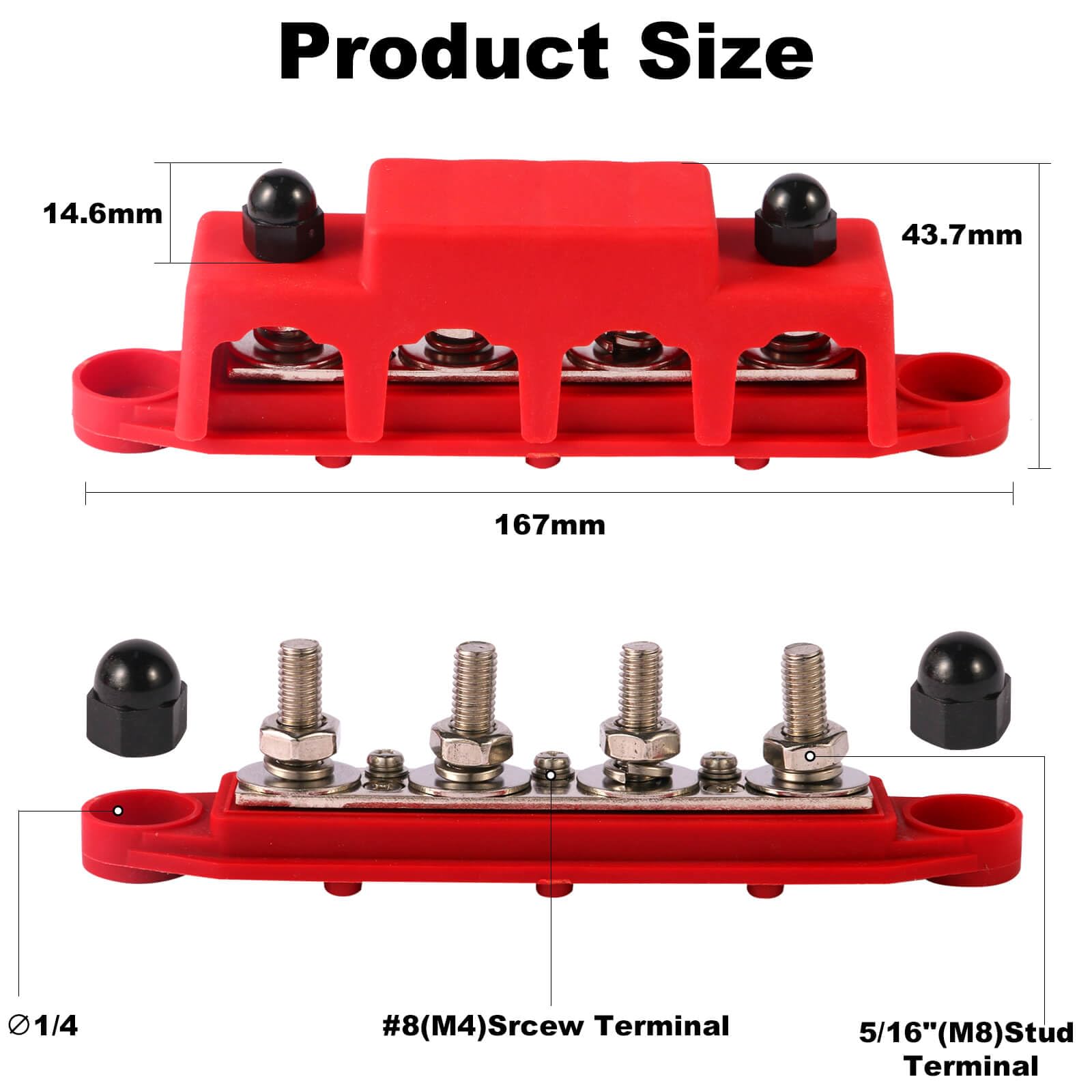 2 piezas 12V-48V DC Busbar bloque de distribución 250A BusBar con 4 x M8 pernos terminales, fácil de utilizar bloque de distribución de energía para RV Yate Barco (Negro Rojo)