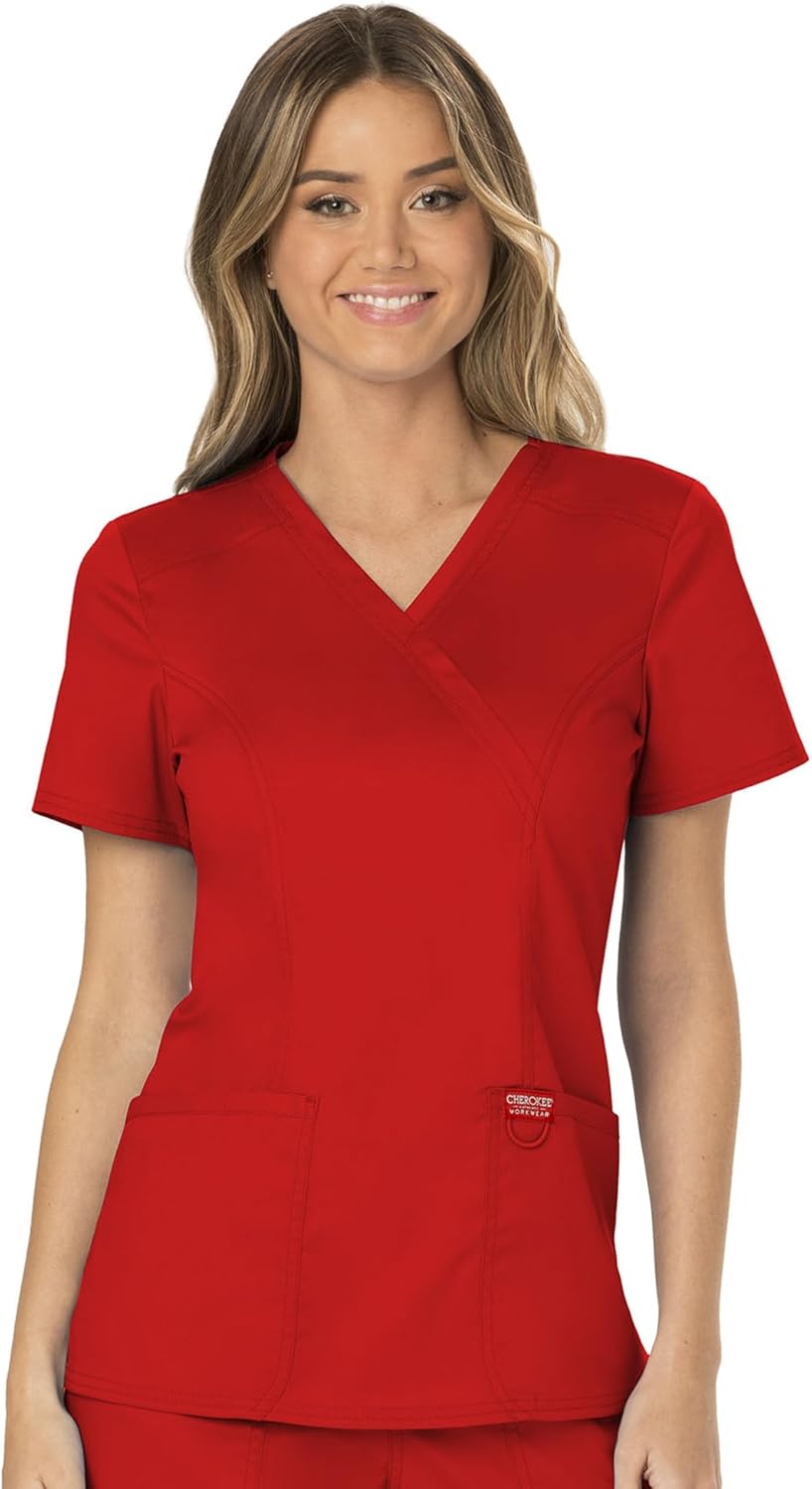 Cherokee Scrubs for Women Mock Wrap Top with 3 Pocket, Back Princess Seams WW610 X-Small Red