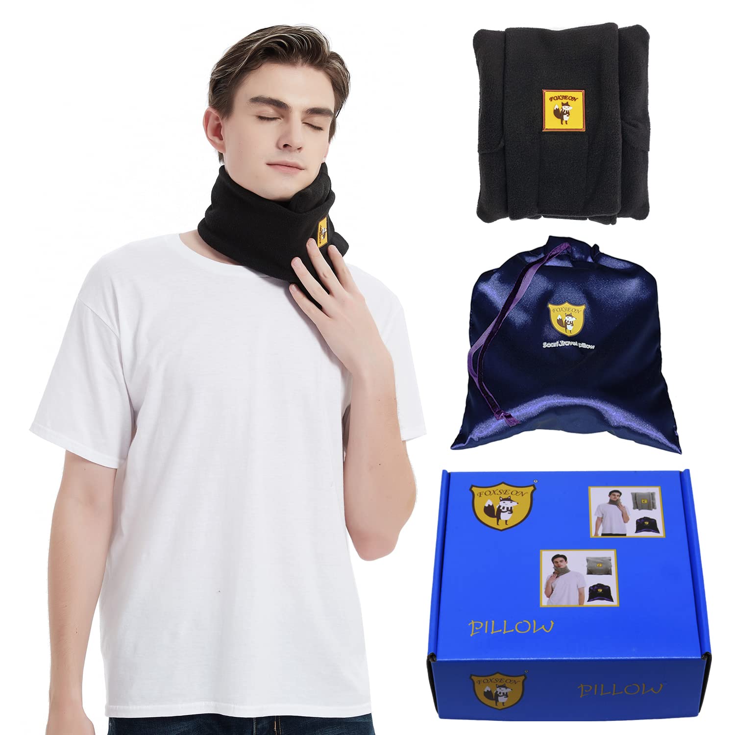 FOXSEONFOXSEON Travel Pillow, Airplane Neck Pillow Instead of Neck Scarf, Support Office nap Pillow, Easy to Clean and Carry, Gift Pack (Black)