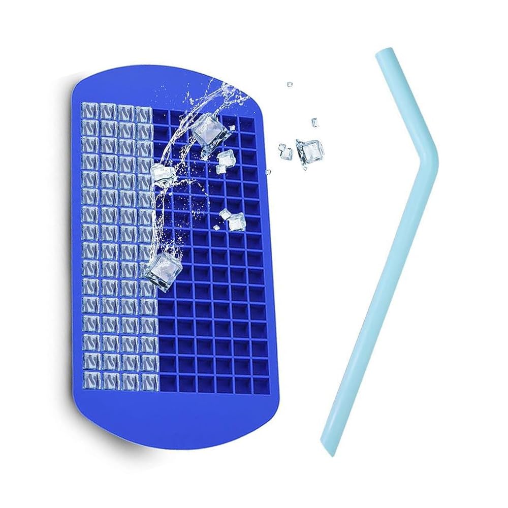 2-Pack Silicone Mini Ice Cube Trays Molds, Silicone Straw, Reusable Small 160Pcs Ice Cube Trays for Freezer (Blue)