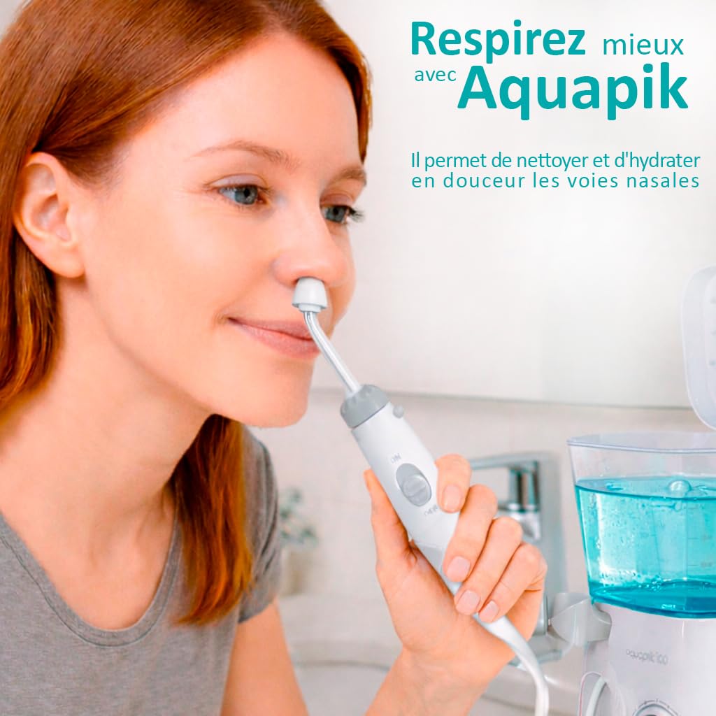 Aquapik® Hydropulseur Advanced Irrigateur buccal Idéal pour l'orthodontie, les implants et les gencives sensibles Kit blanchissant + 10 buses | 10 niveaux de pression