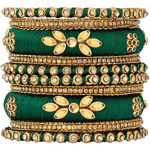 Aheli Royal Design Silk Thread Bangle Set Saree Matching Chuda Indian Traditional Wedding Fashion Jewelry For Women (Silk Dark Green-Faux Stone, 2.6) #TOP5