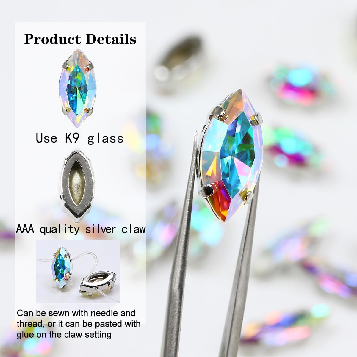 DONGZHOU Navette Shape Sew On Rhinestone with Silver Claw,48Pcs Mix Size Sewing Crystal Stone K9 Glass Gems for Clothes Shoes Jewelry Making DIY Crafts Wedding Decoration,Crystal AB