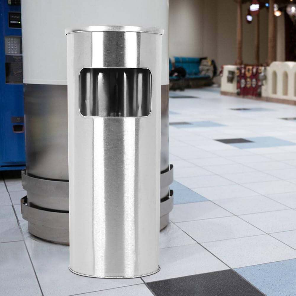 OHMG Mülleimer für den Garten, 30 l, abnehmbarer Aschenbecher auf Standfuß aus Edelstahl, runder Mülleimer mit Mülleimer und Inneneimer, für Innen/Außenbereich, kommerziell (25 x 25 x 60 cm (Silber)