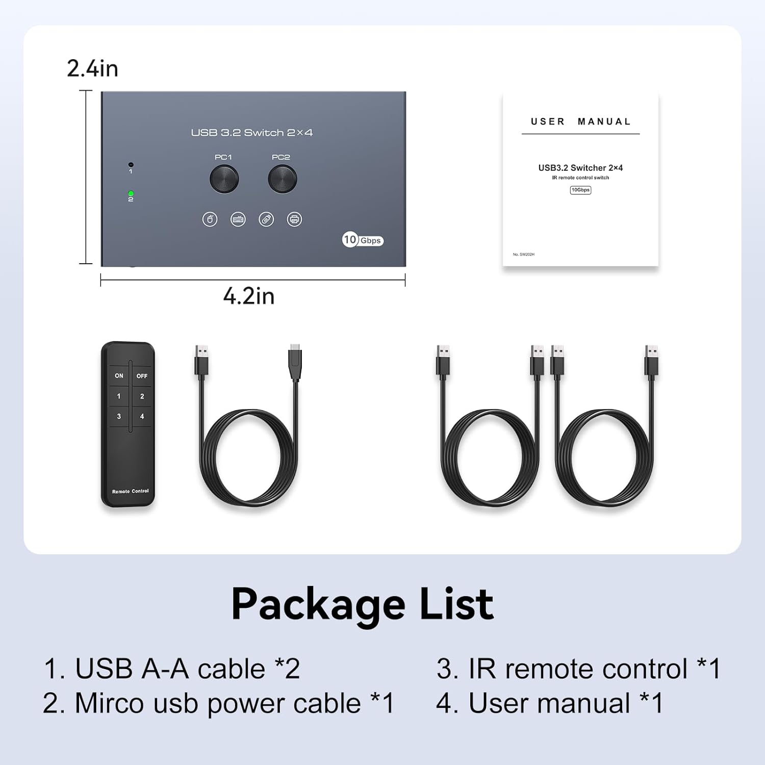 USB 3.2 Switch 2 Computers Share 4 USB Devices with IR Remote 4 Port Hub USB KVM Control 10Gbps Data Sharing for Keyboard Mouse Printer Scanner