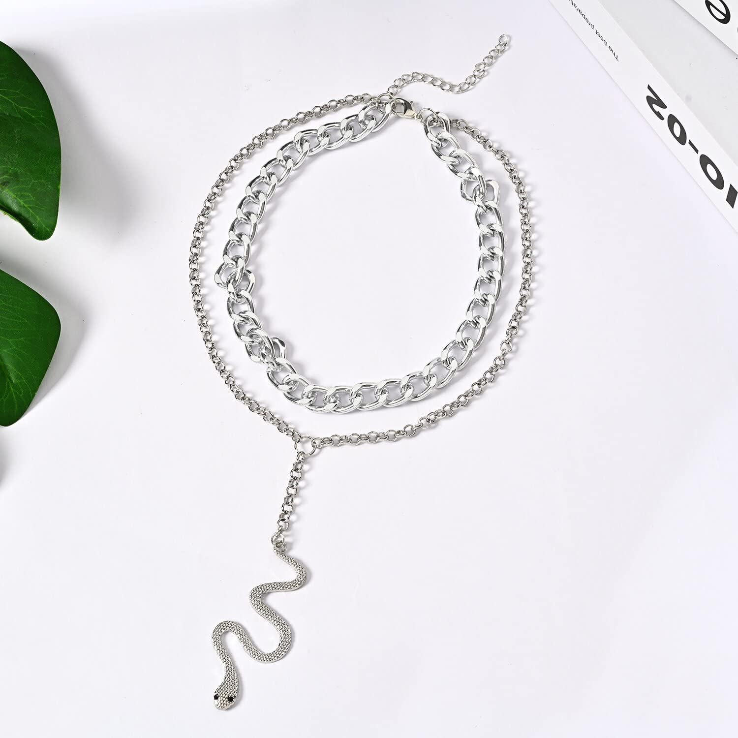 Snake Layered Chunky Necklace Dainty Snake Serpent Pendant Necklaces Gold Layered Necklace Bohemian Choker Jewelry for Women (Silver Chain 2) - Image 5