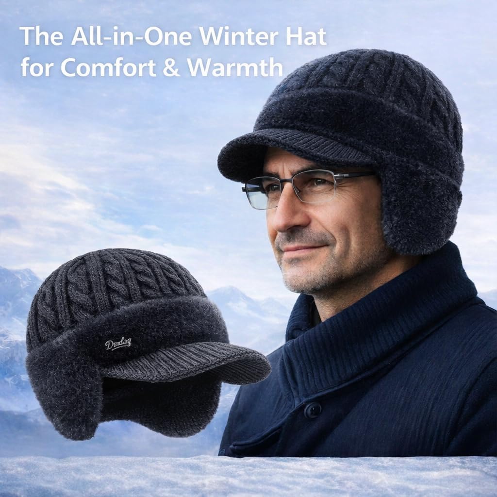 Trapper Hat, Extreme Cold Weather Trapper Hat, Winter 3 in 1 Soft Breathable Comfort Warm Knitted Beanie for Men - Image 2