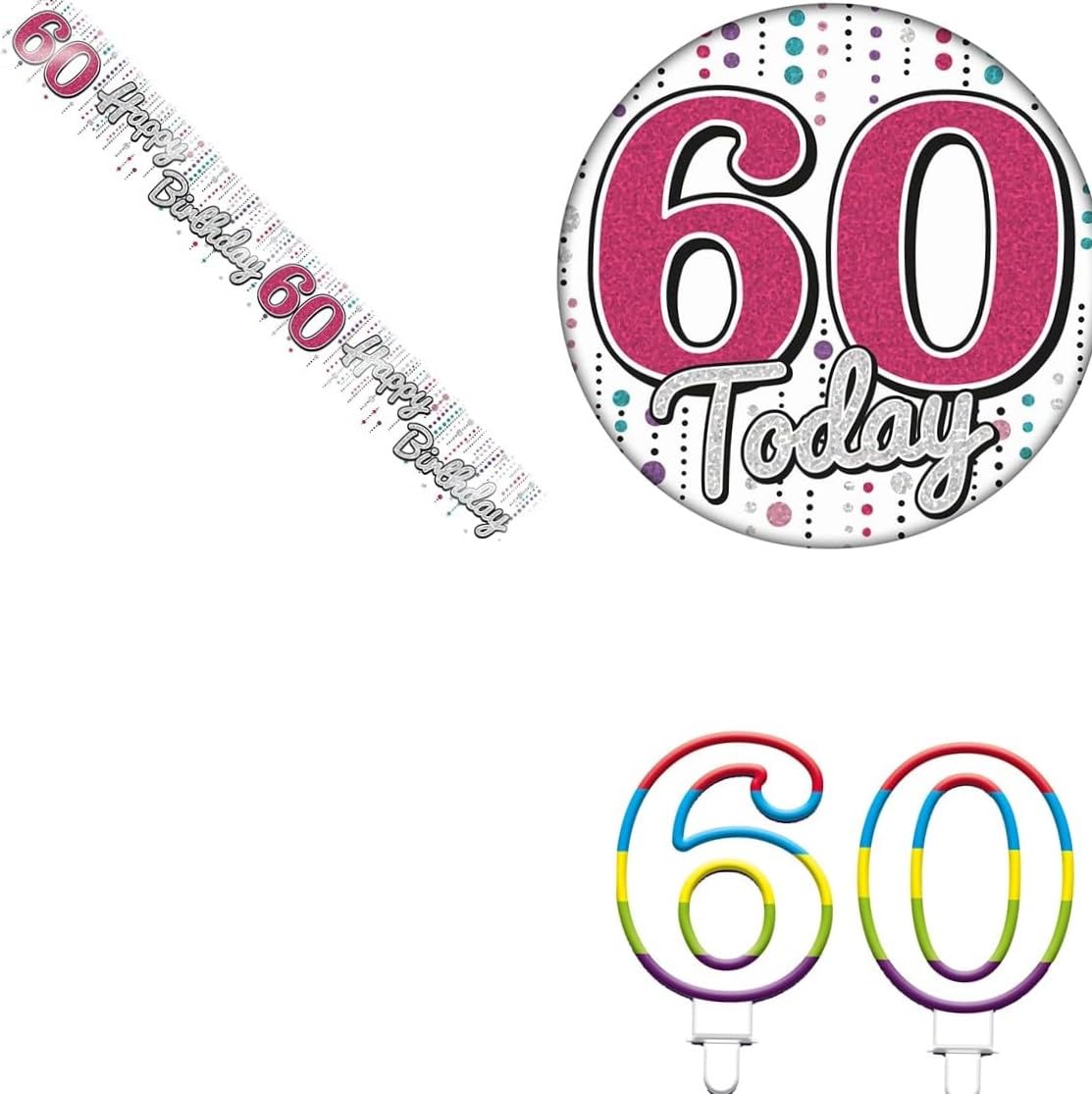 Age 60 Pink, White And Silver Star Holographic Shiny 60th Birthday Party Kit Set (Banner, Badge, Candle)