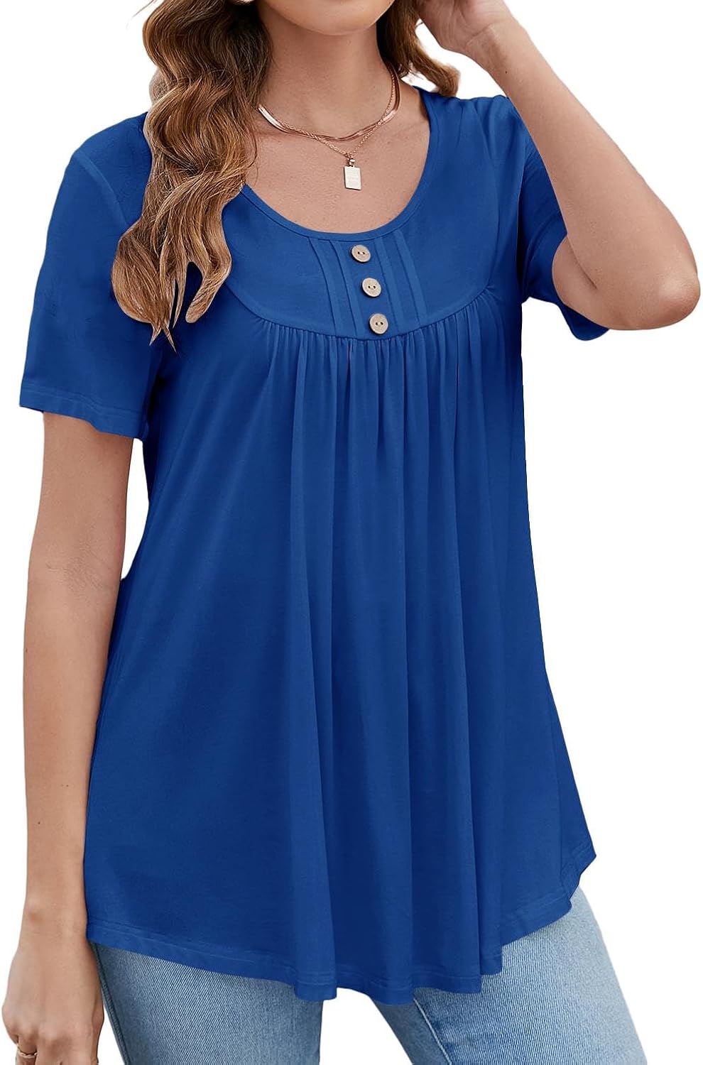 BeadChica Women's Tunic Tops For Leggings Short Sleeve Shirts Botton Up Casual Ruched Blouses Clothing-Blue-M - Image 3