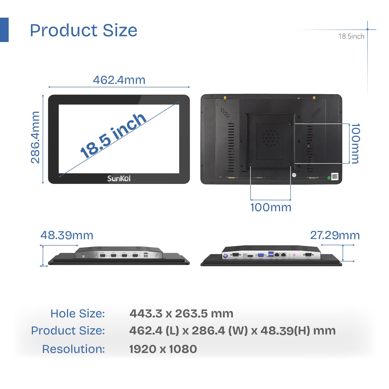 18,5 Pulgadas Panel PC Industrial Embebido,IP65 Pantalla Táctil Capacitiva 1920 * 1080,VESA,Windows 10 Computer para Automatización,HDMI,2×LAN,4×USB,6×RS232,VGA(J1900,8GB RAM 512GB SSD)