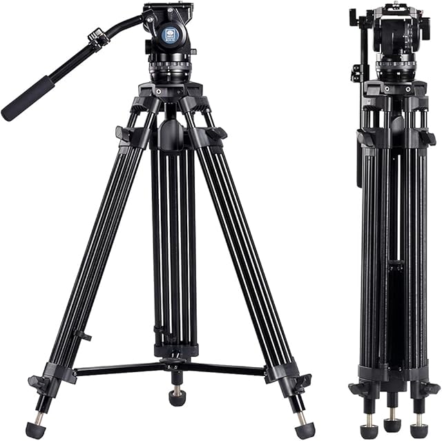 SIRUI Professional Video Camera Tripod Kit SH15T+BCH-10 with Fluid Head, Friction Control, Handle, Telescopic Handle, Mid-Level Spreader, Aluminum Tripod Kit, Max Height 55.1", Large Load Capacity