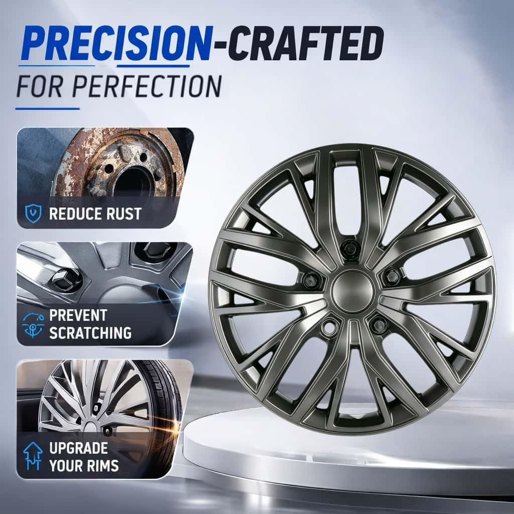 15 Inch Hubcaps with Adjustable Steel Retention Rings, Premium ABS Universal Fit, Set of 4 Wheel Covers (Gunmetal Gray)
