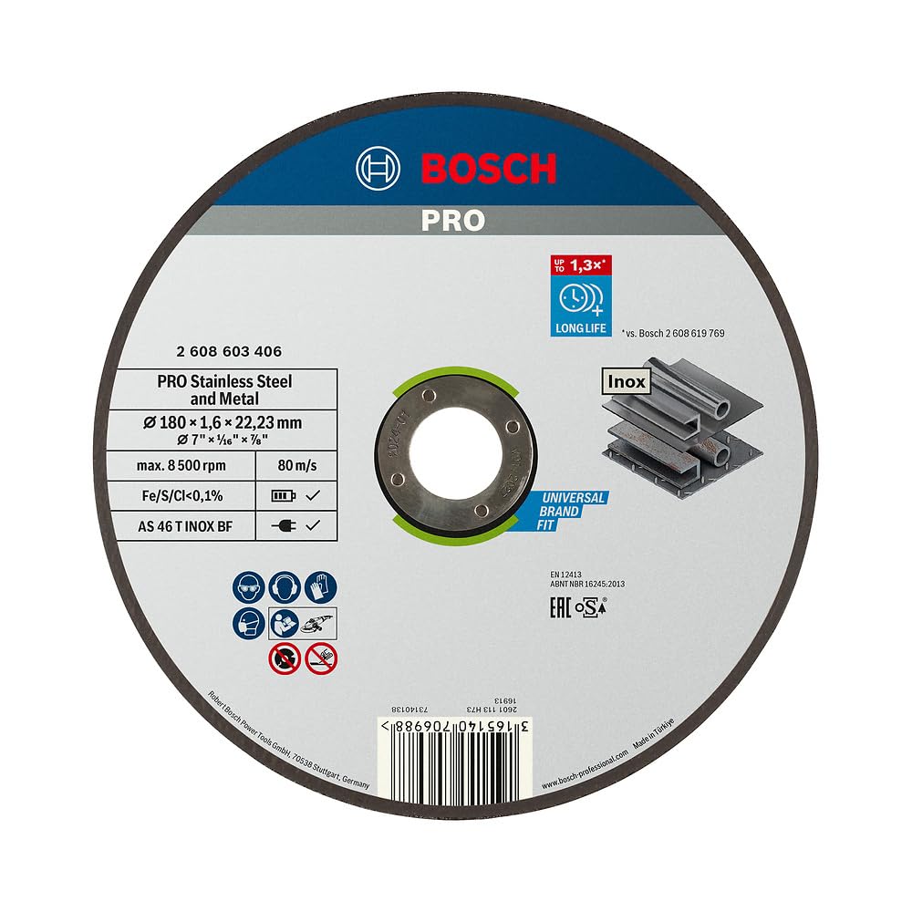 Bosch 1x PRO Stainess Steel and Metal Longlife Thin Cutting Disc for Large Angle Grinder and Bore 22.23 mm (for Steel, Stainless steel, Ø 180 mm, Professional Accessory Large Angle Grinder)
