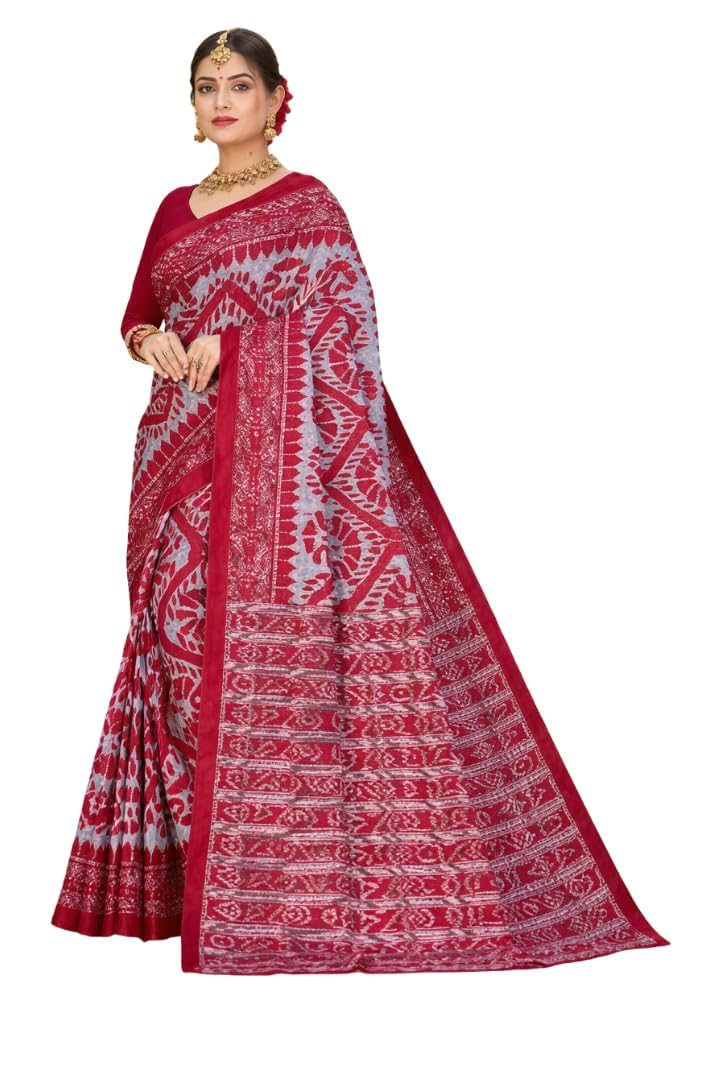 Women's Hand Block Printed Pure Cotton Saree with Blouse Piece - Red & Grey Traditional Printed Soft Lightweight Draping Saree-image-22