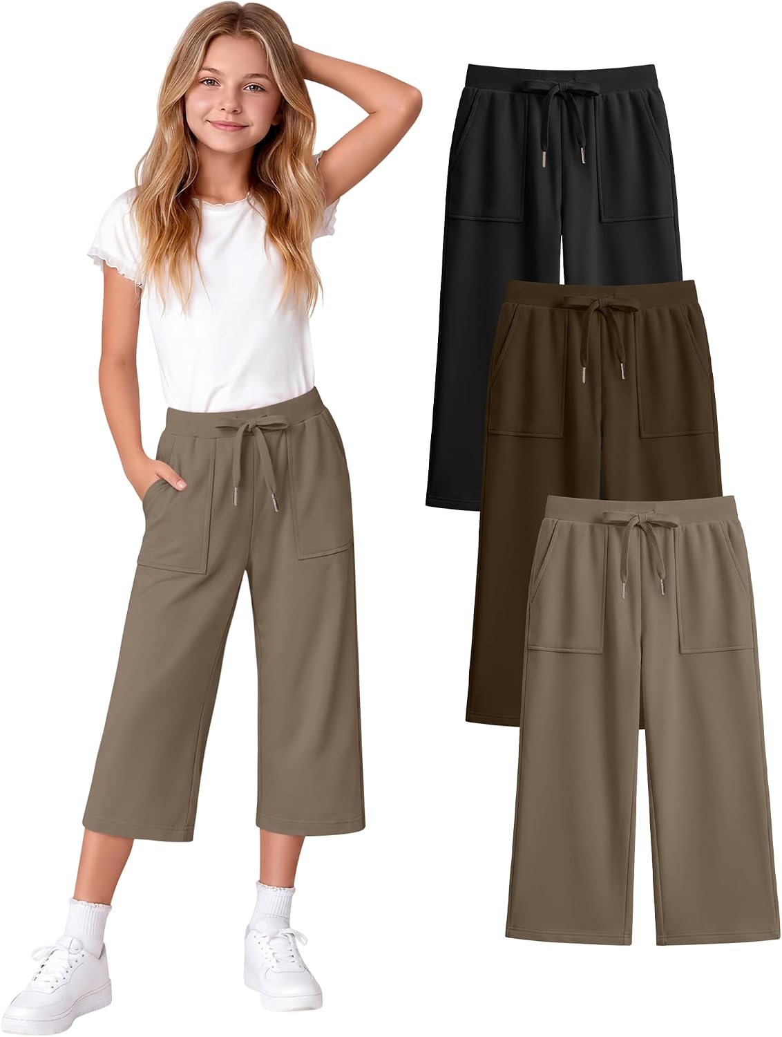 3 Pack Girls' Capri Pants Straight Lag Drawstring Sweatpants Casual Athletic Joggers with Pockets 5-14 Years
