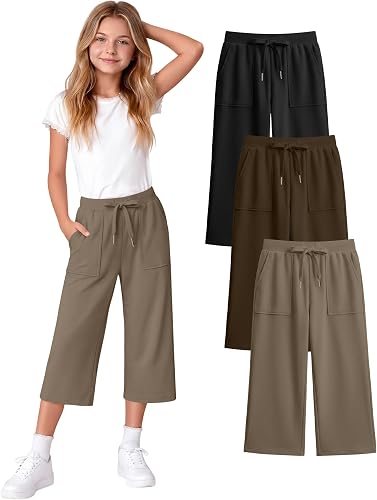 Langyiwee 3 Pack Girls' Capri School Pants, 3-Color, 11-12 Years
