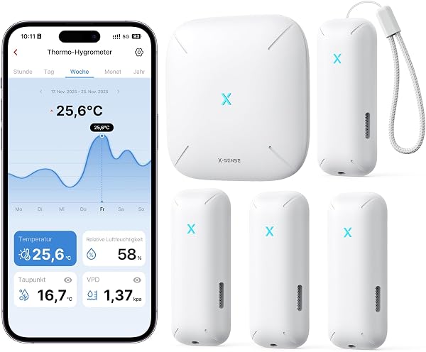 X-SENSE WLAN Hygrometer-Thermometer mit SBS50-Basisstation, Smart Temperatursensor für Innenraum-Temperatur & Luftfeuchtigkeit, App-Benachrichtigungen, 4 Sensoren & 1 Basisstation,STH0B41 - 1