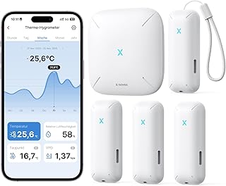 X-SENSE WLAN Hygrometer-Thermometer mit SBS50-Basisstation, Smart Temperatursensor für Innenraum-Temperatur & Luftfeuchtigkeit, App-Benachrichtigungen, 4 Sensoren & 1 Basisstation，STH0B41