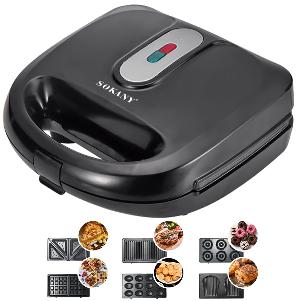 SOKANY 750W Sandwich Maker, Waffle Maker Set with 6 Removable Non-Stick Plates, Portable Handle, LED Indicator Lights, for Breakfast Sandwiches Mini Waffles Bacon and Steak, Black (6 IN 1)